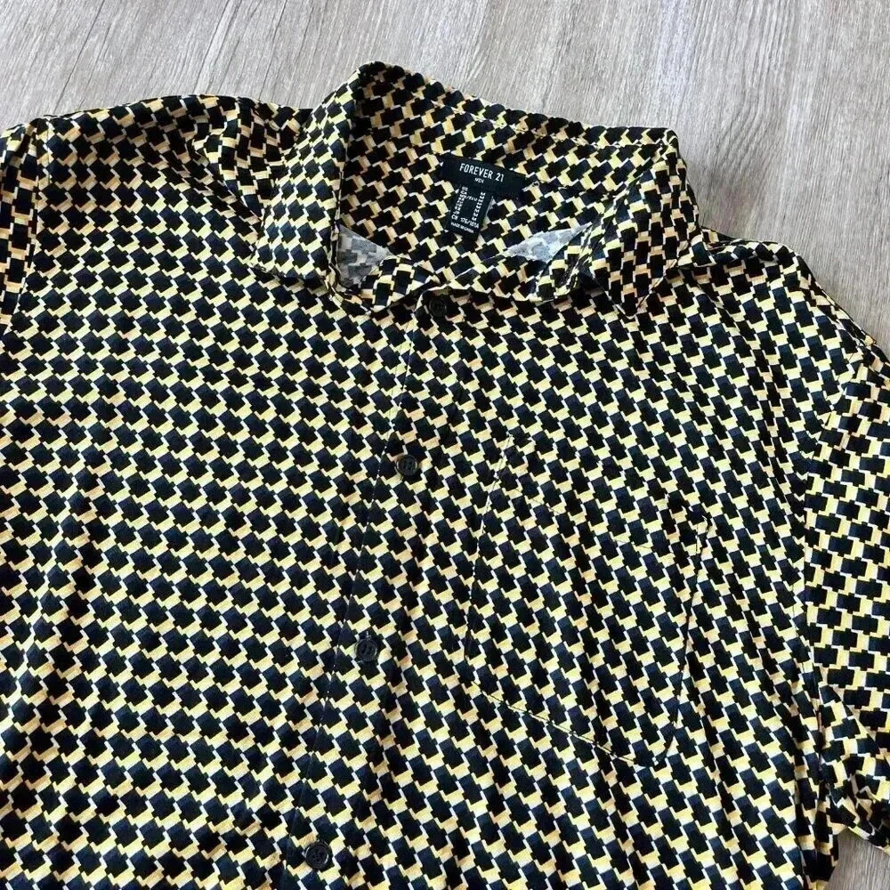 Mens Forever 21 Yellow/Black Printed Long Sleeve Shirt - M - Picture 2 of 5